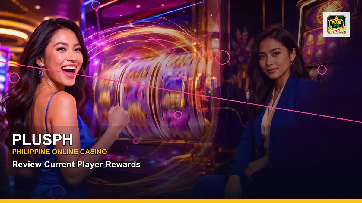 PLUSPH Philippines casino guide with left-framed neon jackpot slot games and an adult Filipina casino host